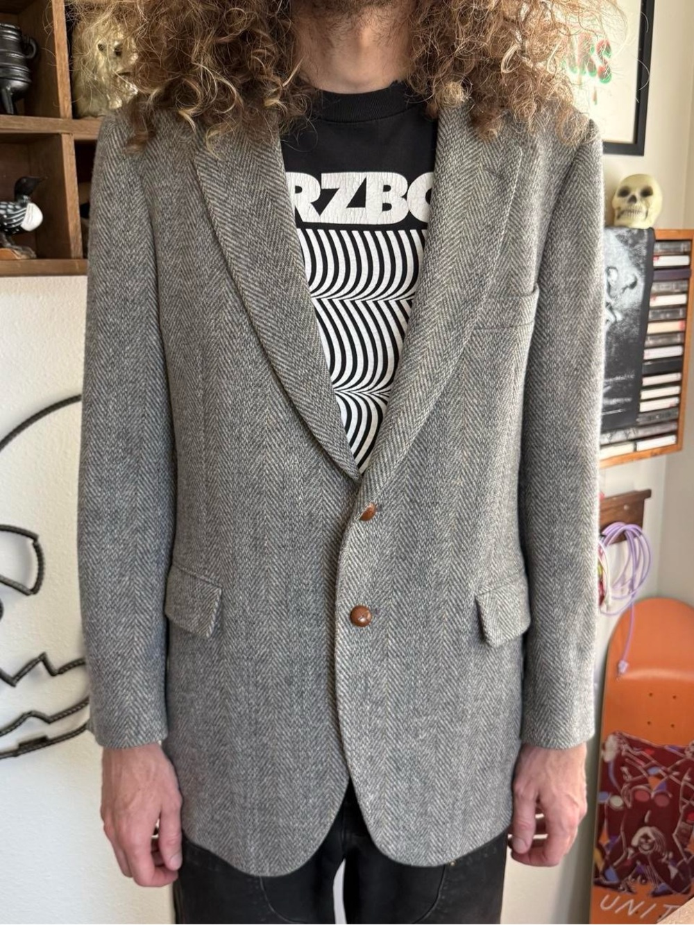 Vintage 90s Gray Herringbone Tweed Blazer Academia ~ Size Large / 42L